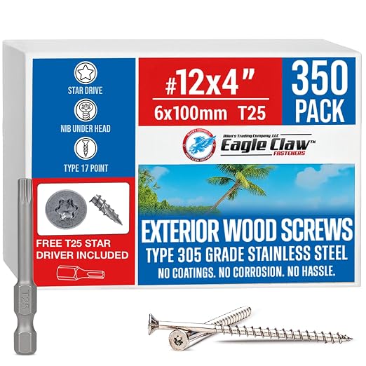 #12 x 4 Inch Stainless Steel Deck Screws | 305 Grade (350 Pack) | Flat Head T25 Star Torx Drive | Stainless Steel Wood Screws by Eagle Claw Fasteners | Corrosion & Rust Resistant (Includes Driver Bit)