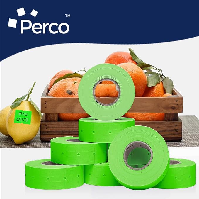 Perco 2 Line Fluorescent Green Labels - 60,000 Blank Price and Date Gun Labels for Perco 2 Line Price and Date Guns - 80 Rolls, 10 Sleeves - Made in USA