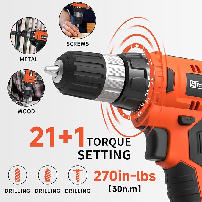 FADAKWALT 20V Electric Power Drill Set, Torque 30N, 21+1 Torque Setting, 3/8-Inch Keyless Chuck, LED Electric Drill Kit, Orange