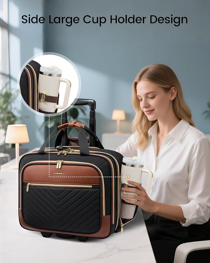 LOVEVOOK Rolling Laptop Bag Women, Briefcase for 17.3 Inch with Wheels Computer Case Work Travel Business，V Quilted-Black-Brown