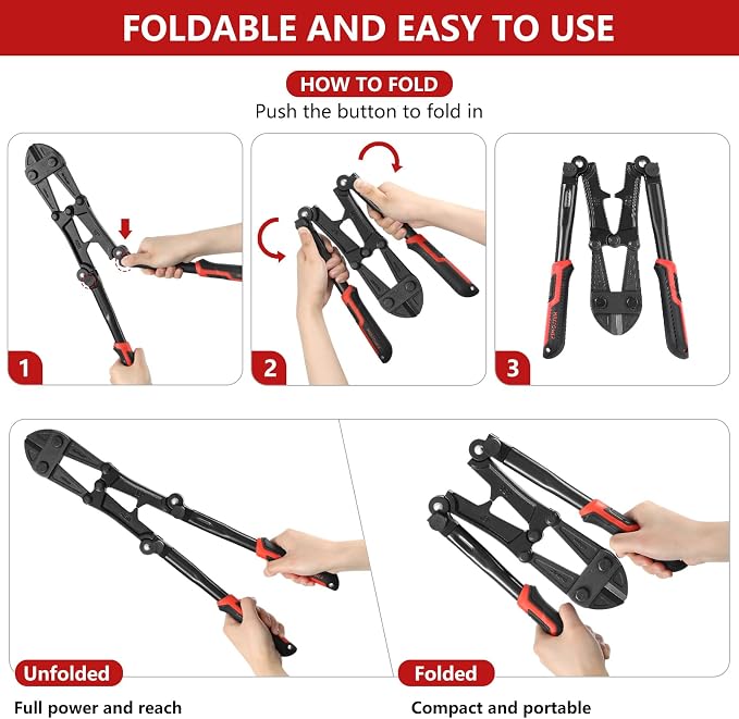 MAXPOWER 18-inch Folding Bolt Cutters, Foldable Bolt Cutter with Soft Grip Ergonomic Non-Slip Handle, Heavy Duty Bolt Chain Padlock Wire Cutting Tool