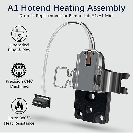 Precision Hotend Heating Assembly Kit for A1 Mini/A1, Upgraded Connector Fit & Tight Clamp for Bambu Lab A1 Series 3D Printer, Includes Heating Block Assembly, Thermistor & Base for Bambu Lab A1 Parts