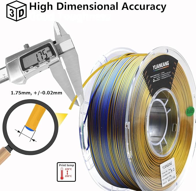Silk Dual-Color PLA Filament 1.75mm Blue-Gold, ±0.03mm Precision, 1kg Spool (2.2 lbs), Smooth Gradient Two-Tone PLA, Neatly Wound & Compatible with Most 3D Printers