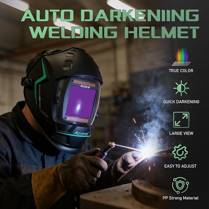 3.94" x 3.66" Large Viewing Hemispherical lense Welding Helmet，1/1/1/1 True Color Auto Darkening Welding Hood Mask，4 Arc Sensor Wide Shade for TIG MIG ARC Plasma Cut,Grinding