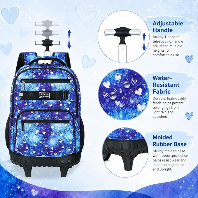 3Pcs Rolling Backpack for Girls Women, Travel Roller Backpacks with Wheels for Adults, Teens College Love Polka Dots Wheeled Bookbag with Lunch Box(Blue)