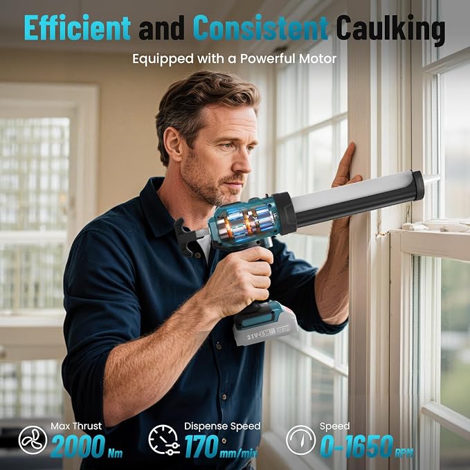 Electric Caulking Gun Compatible with 18V Makita Battery, 10 oz Cordless Caulk Gun with Caulking Tools-3 in 1 for Filling/Sealing, 4 Adjustable Speeds, LED Light(Battery Not Included)