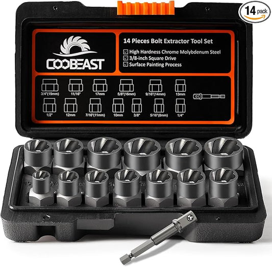 Coobeast Bolt Extractor Set Heavy Duty, 13Pcs Bolt Extractor Kit with 3/8 Inch Adapter, Stripped Lug Nut Remover, Easy Out Bolt Remover Set for Rusted, Rounded, Damaged Nuts Screws