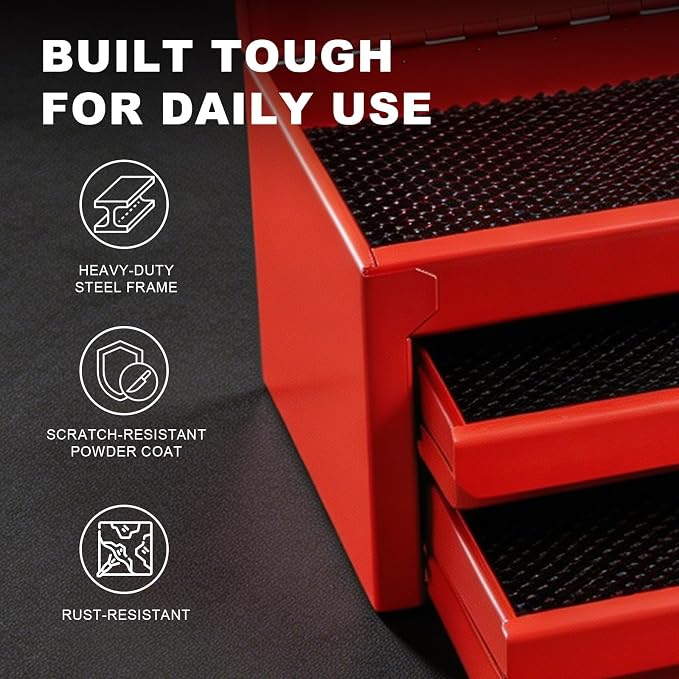 BIG RED Mini Steel Tool Box with Drawer, Small Metal Tool Box Organizer | Lockable Top Storage, Multi-Purpose Portable Tool Box Organize for Desk, Home, Garage, desk or Workbench, Red