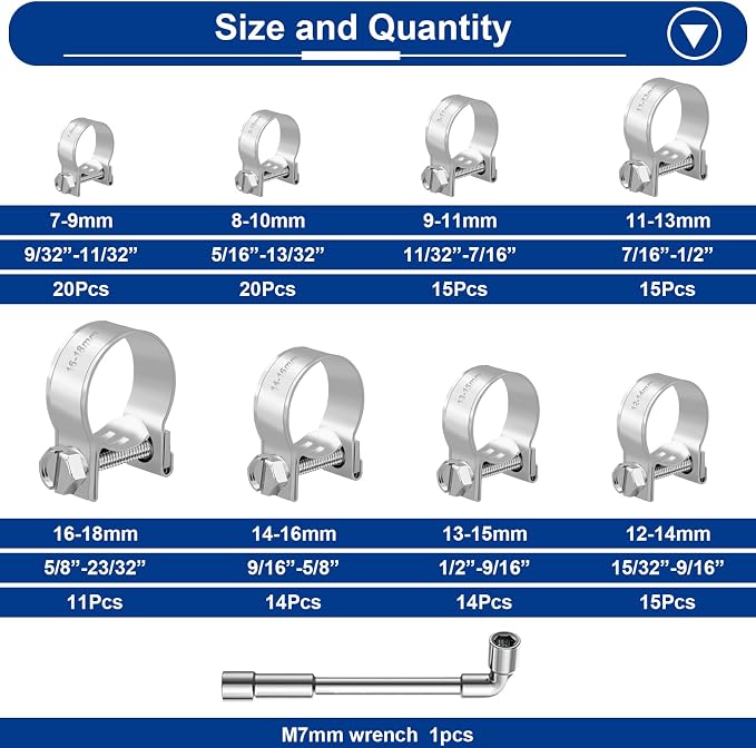 Tnisesm 125PCS Mini Fuel Injection Hose Clamps Adjustable 9/32"-23/32" Dia 7-18mm 304 Stainless Steel Fuel Line Clamps Assortment Kit, for Automotive Diesel Petrol Pipe with Socket Spanner