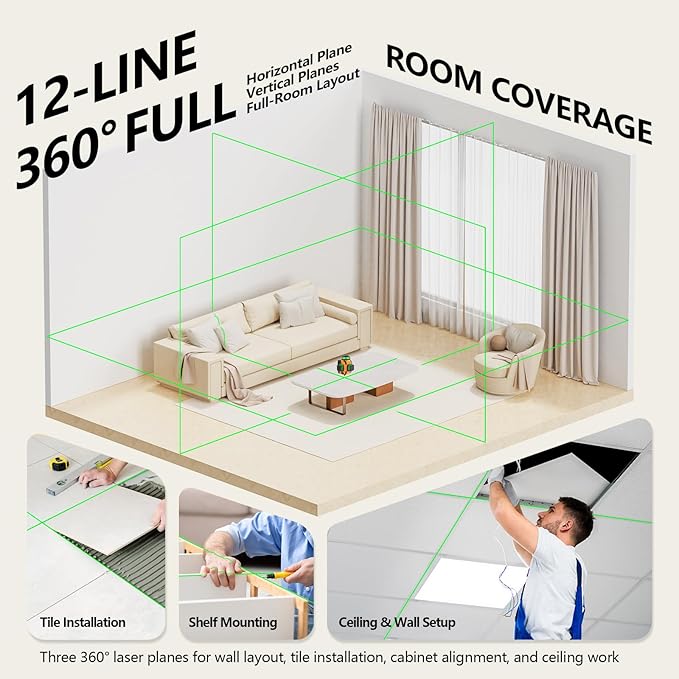 3D-360 Lasers level Self Leveling laser levels Professional tools | Three 360° laser planes project 12 bright green lines for wall, floor, ceiling, tile and cabinet alignment.