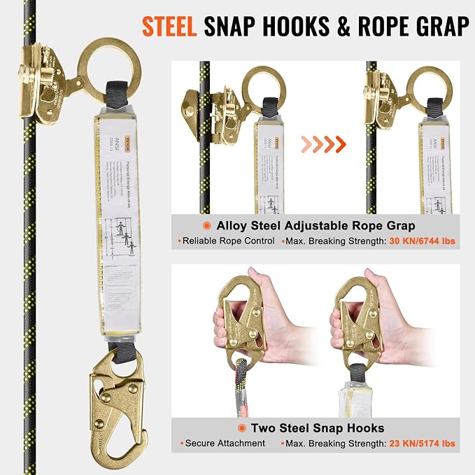 VEVOR Vertical Lifeline Assembly, 0.55'' x 100' Fall Protection Rope with 30 KN Breaking Tension, Polyester Roofing Rope with Steel Snap Hooks, Rope Grab, and Shock Absorber, ANSI Compliant