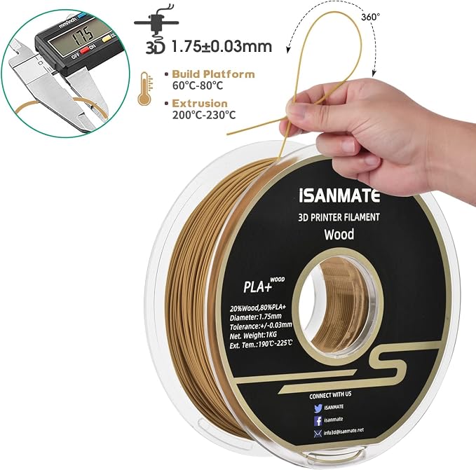 iSANMATE 3D Printer Filament - Yellow Pear PLA+ Wood Filament 1.75mm, 1kg Spool (20% Real Wood Fiber)