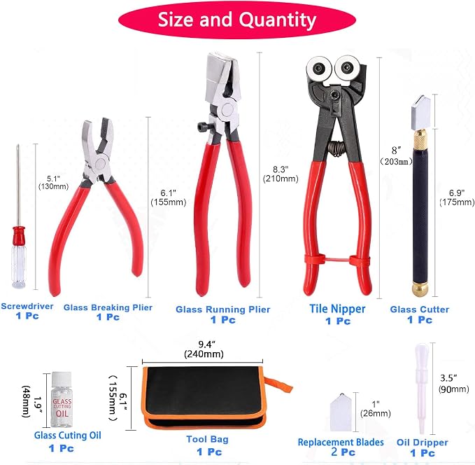 Glass Cutting Tool Set Kit, Wheeled Glass Tile Nippers,Glass Running Pliers,Breaking Pliers, Oil Feed Glass Cutter Set with Leather Zipper Bag for Stained Glass, Tiles, Mosaic, Mirrors,Bottle, Fusing