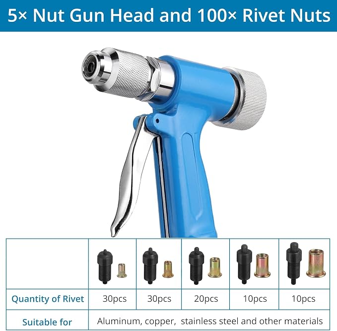 AUTOUTLET Heavy Duty Pneumatic Rivet Nut Gun with 100PCS Rivet Nuts, Thread Setter Kit with 5pcs Metric Mandrels for Body Panels, Bicycle Attachments, Furniture and Decorations
