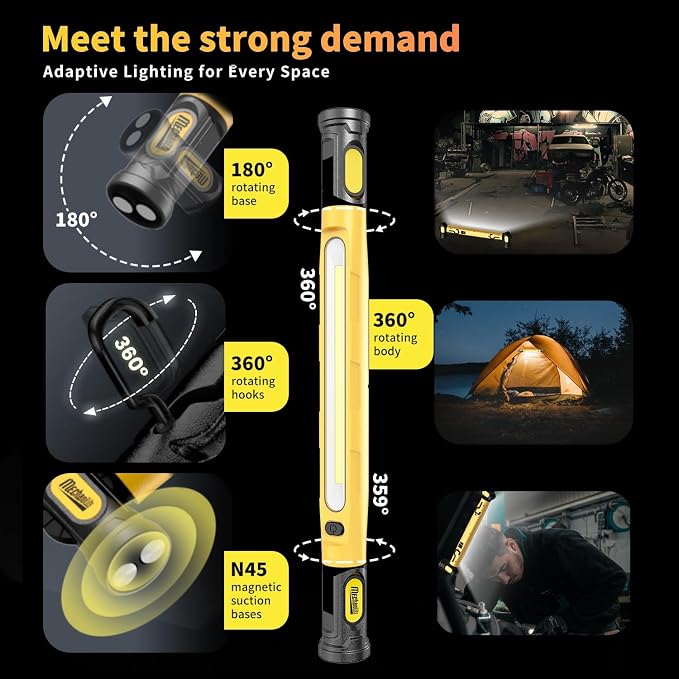 2Pack Magnetic Light Bar, 3000LM LED Under Hood Work Light Bar with Hooks, 5200mAh Cordless Rechargeable Hood Light for Mechanic/Car Repairing/Garage-Yellow