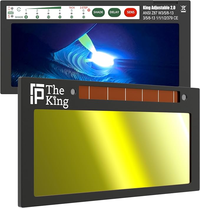 The King Adjustable 2.0 | Adjustable Shade 8-13 Gold Auto Darkening Welding Lens With Grind Mode | 5A TIG Rating - No Flashing | 2" X 4.25" X 0.2" | Gold Welding Lens - Blue Puddle | Royal Series 2.0