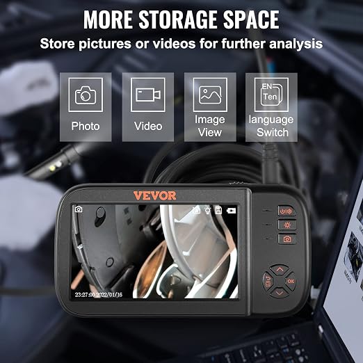 VEVOR Triple Lens Endoscope Camera, 4.5" IPS Screen Borescope Inspection Camera with 1080P Lens, 10 Adjustable Light, 2860 mAh Battery, Waterproof & Oilproof Endoscope for Auto, Wall, Drain Inspection