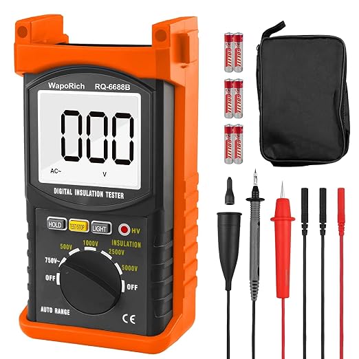 Megohmmeter 200 Gig Ohm Digital Insulation Resistance Tester 500V/1kV/2.5kV/5kV Auto Range Voltage,Resistance Tester with 1999 Count LCD Display, Data Hold, Back-Light-RQ-6688B（Orange）