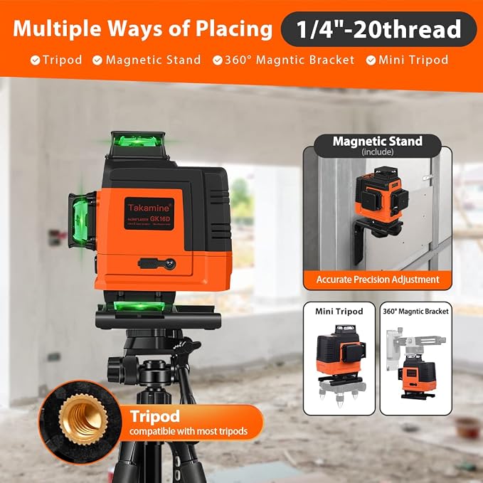 Takamine 16 Lines Laser Level Self Leveling 4x360° 4D Green Cross Line for Construction/Picture Hanging, Remote Controller, Magnetic Stand and portable bag