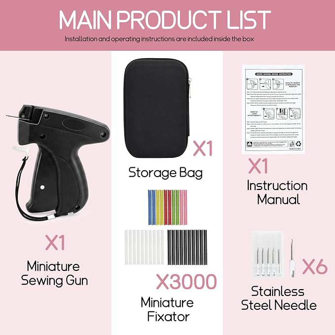 Stitch Gun for Clothes Tagging Gun for Clothing Pants Hemming Fixer Includes 6 Needles,1 Storage Case,1000 Black Fasteners,1000 White Fasteners & 1000 Color Fasteners for DIY