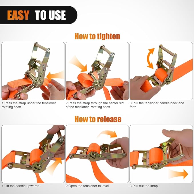Nilight E-Track Ratchet Straps 8 Pack 2" x 15' Heavy Duty Orange Cargo Tie-Downs 4400 lbs Breaking Strength Standard E Track accessories Tie Down E-Track Spring Fittings for Cargo Vans Trucks Trailers