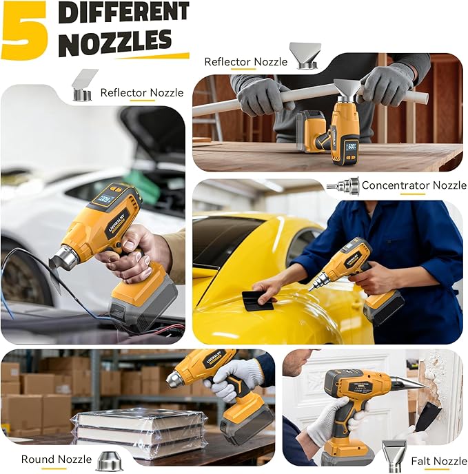 LIVOWALNY Cordless Heat Gun Compatible with Dewalt 20V Battery (Tool Only) 260W High Power Hot Air Gun (68°F-1112°F) & Airflow Control Digital Display for Shrink Wrapping Crafting
