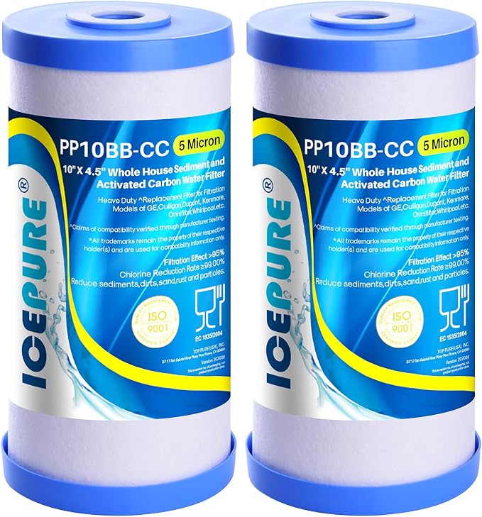 ICEPURE 10"X4.5",1 Microns Whole House Sediment Activated Carbon Water Filter Compatible with Dupont WFHDC80012PACK and ICEPURE 10" x 4.5" Whole House Water Filter Compatible with GE FXHTC 2 Pack