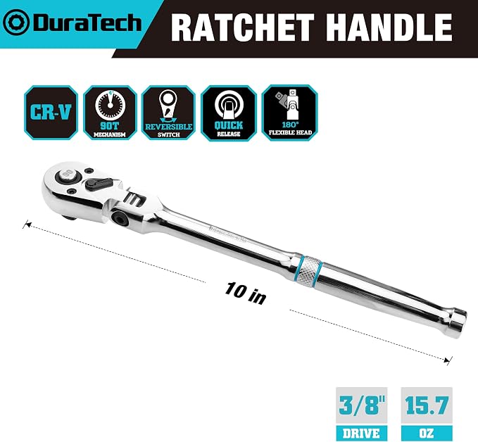 DURATECH 3/8-Inch Drive Flex-Head Ratchet, 90-Tooth Quick-Release Ratchet Wrench with 180° Pivoting Head and 7-Position Setting, Reversible, CR-V Made, CR-MO Head, 4° Swing, Full Polished, Men Gifts