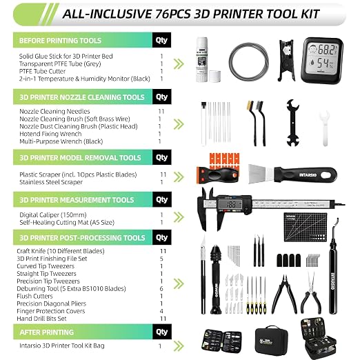 76pcs 3D Printer Tools Kit with Bag, 3D Printer Accessories includes Digital Caliper, Hygrometer, PTFE Tube Kit, Deburring Tool, Scrapers, Nozzle Cleaning, for Bambu Lab, Ender 3, FDM/SLA Printers etc