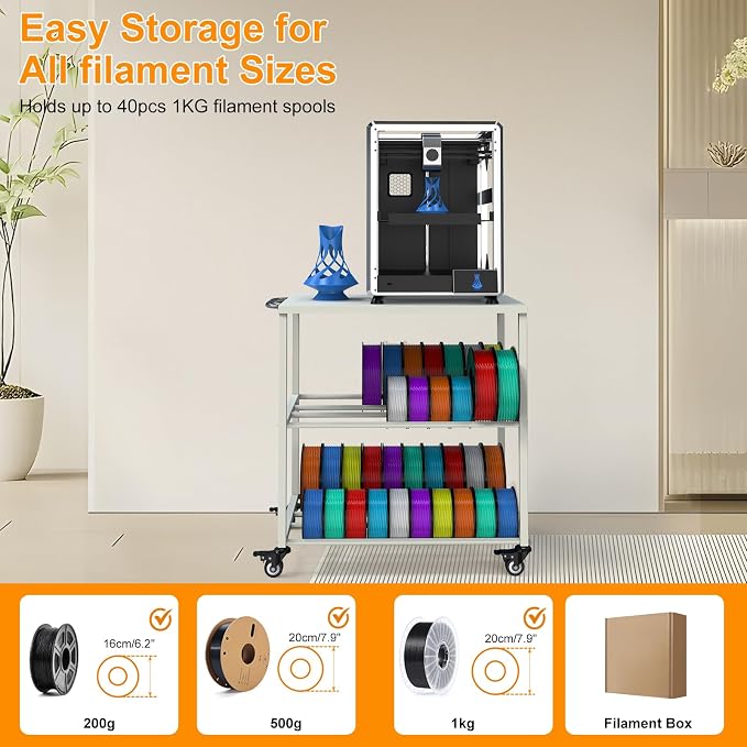 Demao 3D Printer Filament Storage Rack, 3-Tier 3D Printer Cart with Lockable Universal Wheels,Heavy Duty Metal 3D Filament Storage Rack for 3D Printing Filaments-White