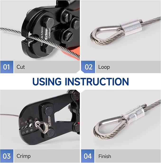 iCrimp 1608M Wire Rope Crimper with CWR-60 Cable Cutter Kit, 4 Dies 3/64" to 1/8", Includes Assorted Aluminum Loop Sleeves & Stainless Steel Thimbles