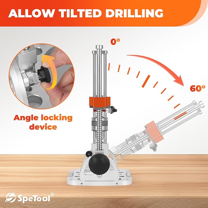 SpeTool S04001 Portable Drill Guide with Liner Ball Bearings Guide Poles, 1/2” Chuck Portable Drill Press Adapter for Hand Drill Adjustable from 0-60°, Multi Angle Drill Guide for Straight Holes