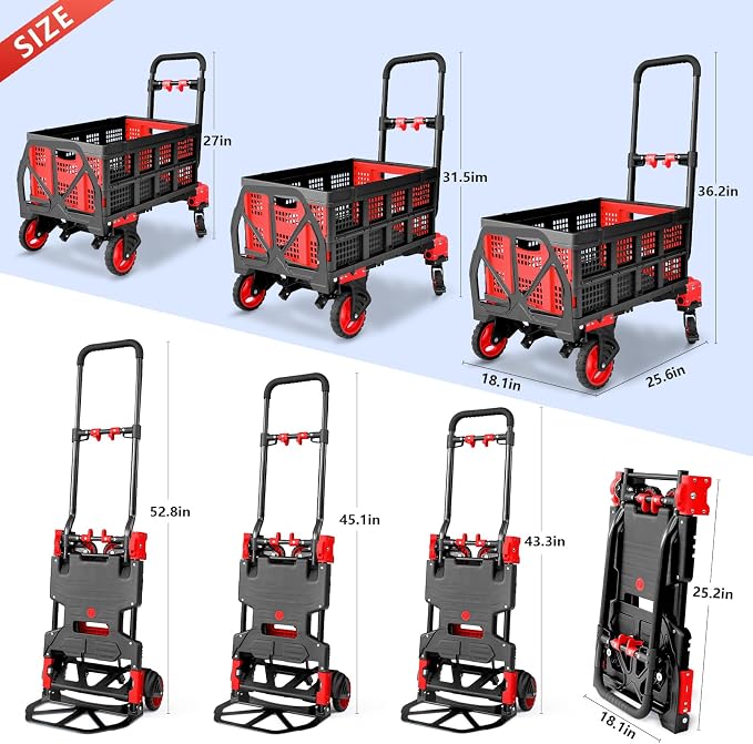 2-in-1 Hand Truck Dolly with Folding Basket, 330LB Heavy Duty Carrying Portable Handtruck, Foldable Hand Dolly with 360° Swivel Wheels&Retractable Handle for Moving, Luggage, Shopping, Office