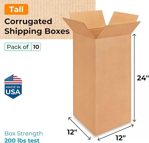 Tall Moving & Shipping Boxes 12x12x24 inches (10-Pack) - Extra Strength 200 lb vs Regular - USA-Made Corrugated Durable Moving Boxes - Box for Packaging - Packing Box for Shipping by IDL Packaging