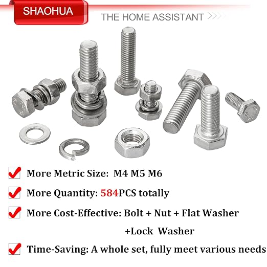 M4 M5 M6 Metric Bolt Assortment Kit 10mm to 50mm, A2-70 Hex Bolt, 304 Stainless Steel Heavy Duty Flat Hex Head Screws Bolts and Nuts Kit, Nuts Flat and Lock Washers(Silver), 584PCS