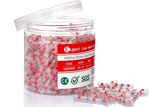 Kuject 450PCS Red Solder Seal Wire Connectors, Waterproof Self Soldering Heat Shrink Butt Connector Solder Sleeve Electrical Butt Splice for Automotive Marine Boat Trailer Truck 22-18 Awg