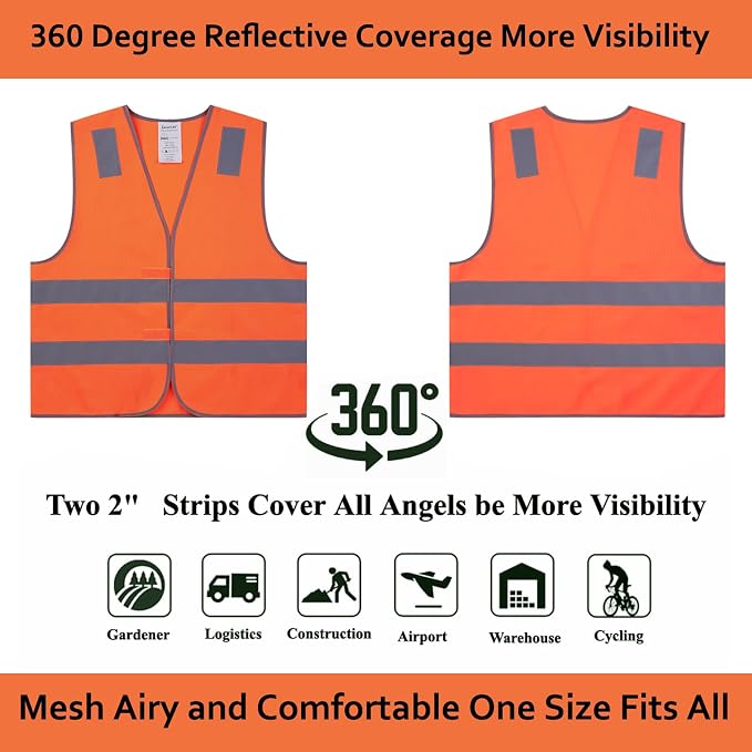 Orange Safety Vests 10 Pack,Reflective High Visibility Construction Working Vest for Men,Woman,Pockets,Hi Vis Mesh and Neon Silver Strip