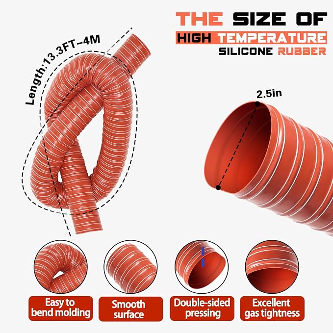2 1/2 in Intake Hose Automotive Air Duct Hose Length 4 Meter (13.3 Feet) Double-layer Silicone Flexible Brake Cooling Ducting Induction vacuum hose for Air System (Red)