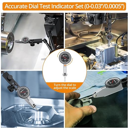 Neoteck 0-0.03"/0.0005" Test Indicator with 176lbs Pull Magnetic Base Stand | 80kg Max Pull，3/8 inch (9.52mm) Clamping Hole，Black，Widely Used in Narrow Area Measurement，Ideal for CNC Operators