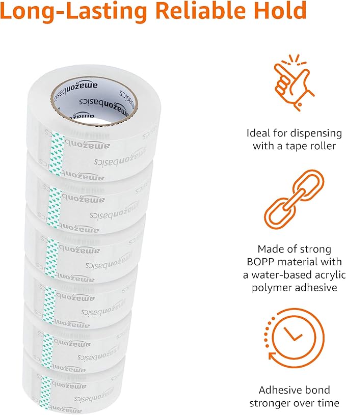 Amazon Basics Packing Tape, Strong & Durable for Moving, Storage, Shipping, Mailing and Sealing, Crystal Clear, 1.88" x 109 Yards, 6-Pack