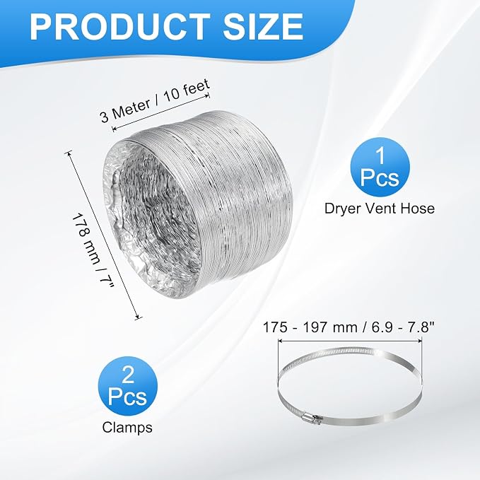 PATIKIL 10 Feet Dryer Vent Hose, 7 Inch Diameter Flexible Aluminum Ducting Flex Air Ducting Dryer Vent 2 Clamps Included for Heating Ventilation Air Conditioning, Silver