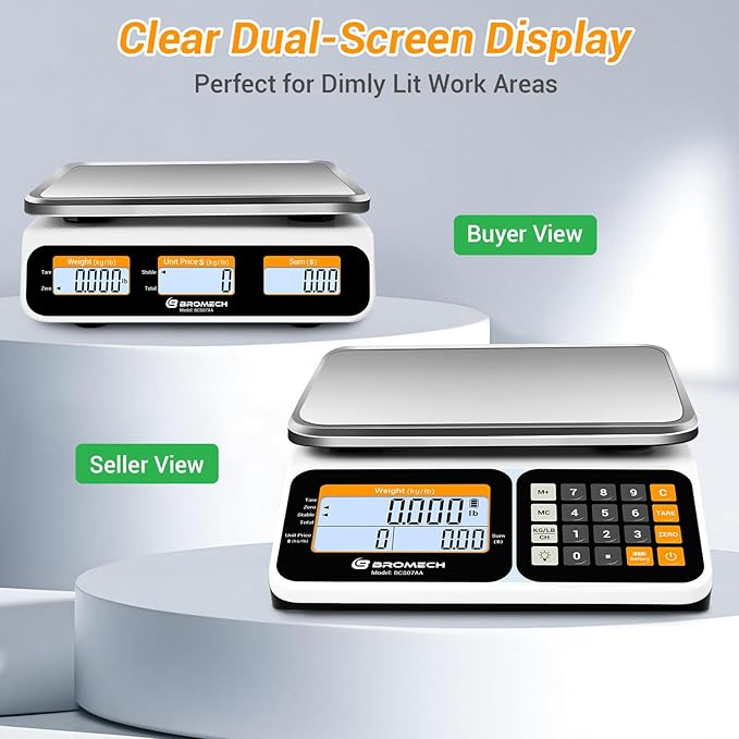 Commercial Food Scale 66lb/30kg, High Precision Digital Price Computing Scale for Farmers Marke, Deli, Dual Backlit LCD Display, Stainless Steel Platform, Rechargeable Battery for Produce Meat