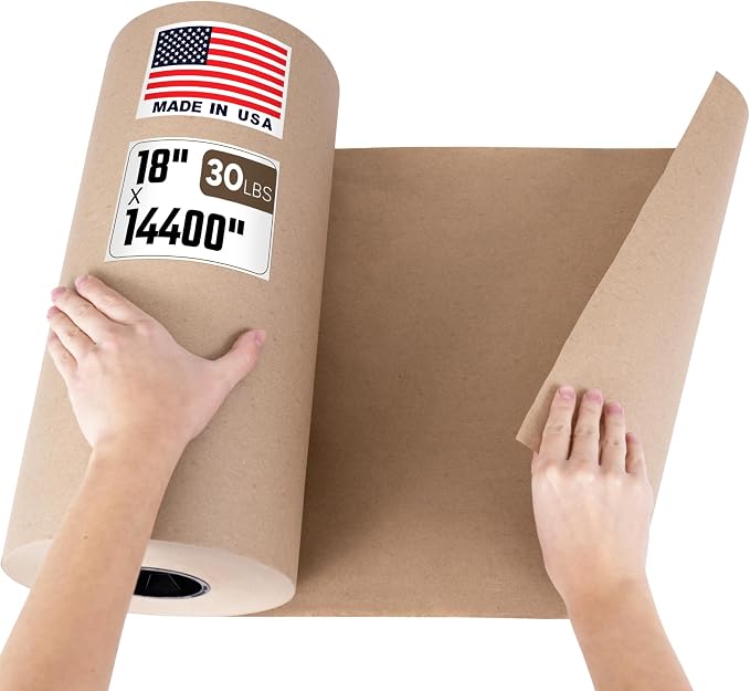 Paclord 18" x 14400" (1200 feet) Natural Brown Kraft Paper Roll, 30 Lb Standard Grade – Made in USA Large Roll of Brown Wrapping Paper, 3-inch Core – for Packaging, Void Filling, Shipping, School | 30 Lb Standard Grade – Made in USA Large Roll of Brown...