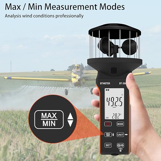 BTMETER Cup Anemometer - Handheld Airflow Meter BT-5000G Wind Speed Meter with LCD Backlight, Max/Avg/Current Mode to Measure CFM Air Flow Velocity Volume & Wind Temp for HVAC Sailing Drone Golf
