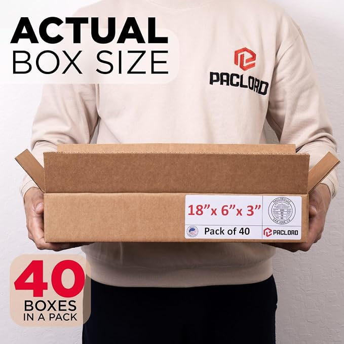 Flat Cardboard Boxes 18"L x 6"W x 3"H (Pack of 40) - USA-Made Packing Boxes for Moving, Shipping, or Storage - USPS, UPS, FedEx Approved - Professional Packing Supplies for Moving | USA-Made Packing Boxes for Moving, Shipping, or Storage - USPS, UPS, F...