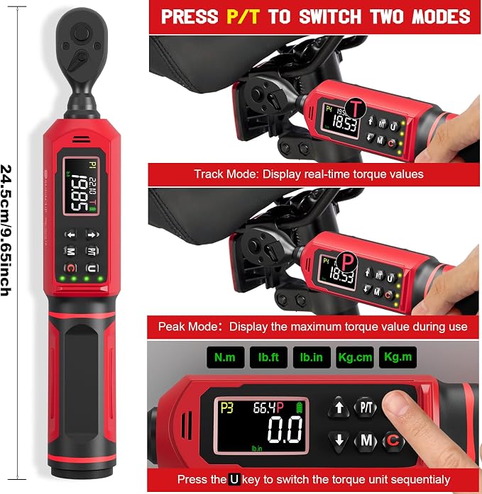 SUERCUP 1/4" Digital Torque Wrench, 0.33-22.1Ft.Lb/0.45-30N.m, for Bicycle | ±1% Accuracy Electronic Torque Wrench with Vibration/Buzzer/LED Flash, 9 Presets & 5 Units, for Carbon Bike & Moto Assembly