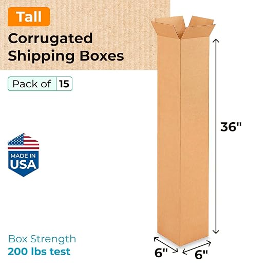 Tall Moving & Shipping Boxes 6"L x 6"W x 36"H (15-Pack) - Extra Strength 200 lb vs Regular - USA-Made Corrugated Cardboard Box - Box for Packaging - Durable Shipping Box by IDL Packaging