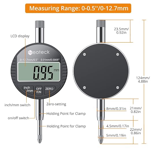Neoteck 0-12.7mm/0.5" Digital Dial Indicator with 0.01mm/0.0005" High Precision Dial Gauge with LCD Display,Inch/Metric Conversion,Zero Setting,for Lathe, Runout Measurement,Mechanical Workshop