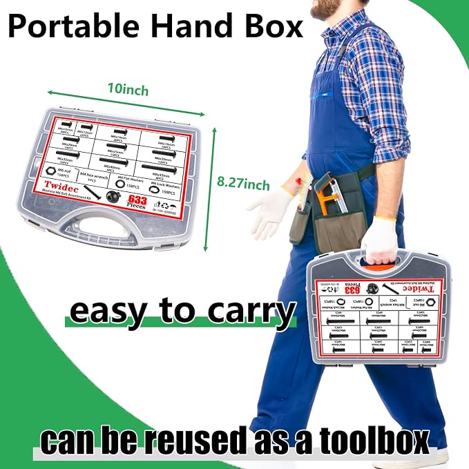 Twidec/633PCS M6 Bolt Assortment Kit 12.9 Grade M6x10/12/14/16/20/25/30/35/40/45mm Button Head Hex Socket Cap Screws Metric Bolts Nuts Washer Assortment Kit Black Alloy Steel N-103-633PCS