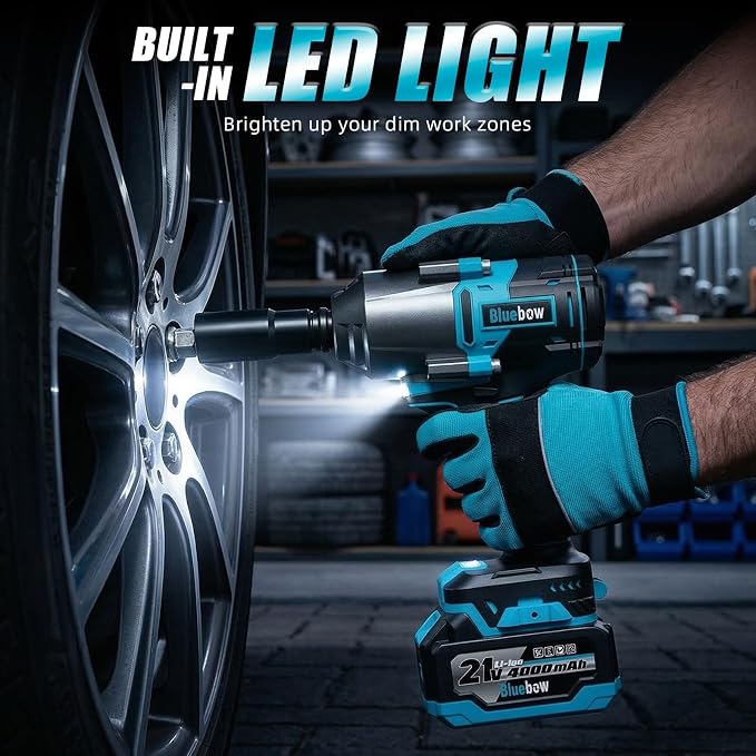 Bluebow Cordless Impact Wrench, 737.5 ft-lbs (1000 N·m) Brushless Impact Wrench with 2x4.0Ah Battery, 1/2" 3-Speed Modes Impact Gun with 4 Sockets for Pickup, Truck, Home Car